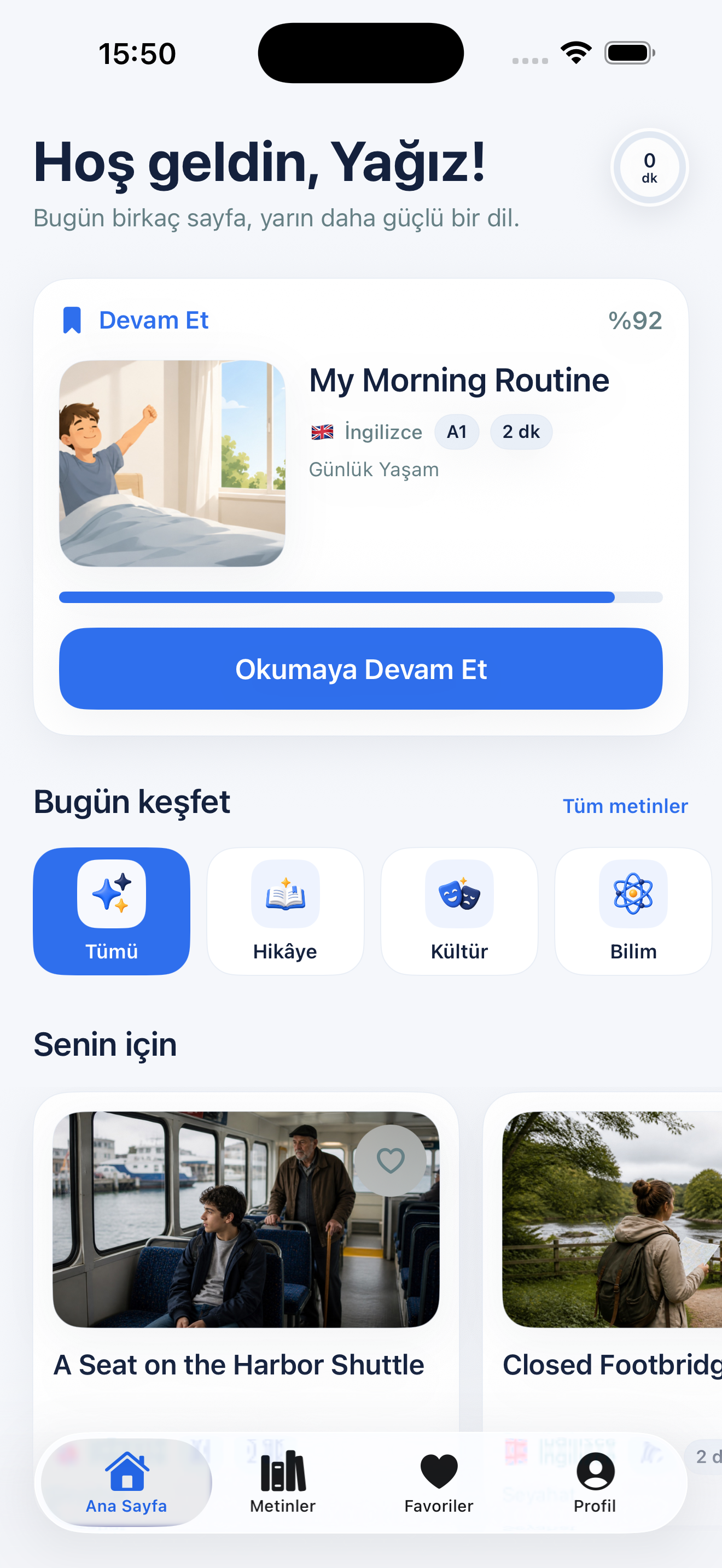 Odiso ana sayfası: seviyeye göre hikâyeler ve okumaya devam et bölümü